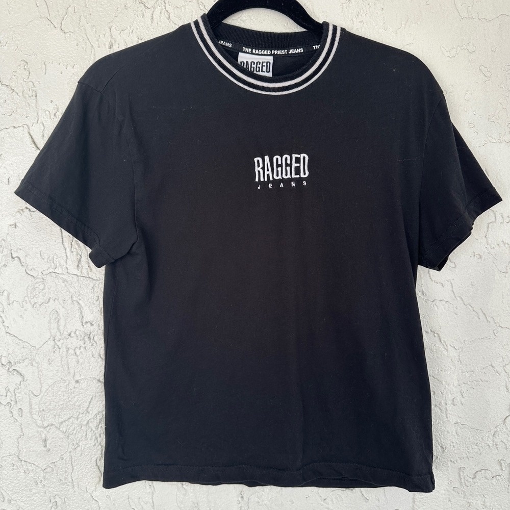 The Ragged Priest Black Embroidered Logo Ringer T-Shirt Women Small Y2K 90's